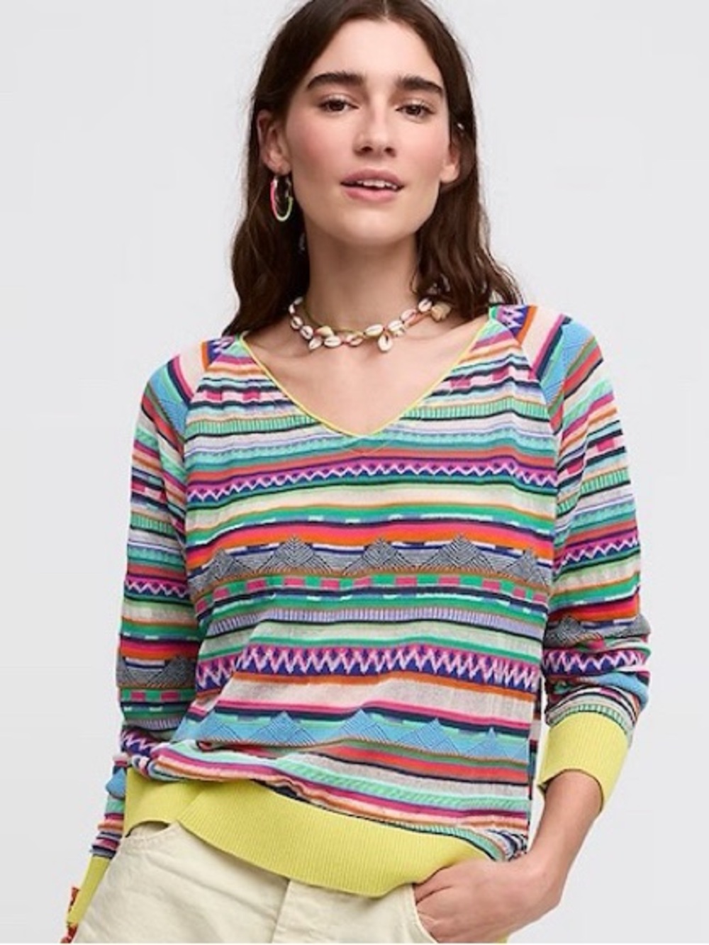 Aldo Martins Multicolor Striped V-Neck Sweater with Yellow Trim